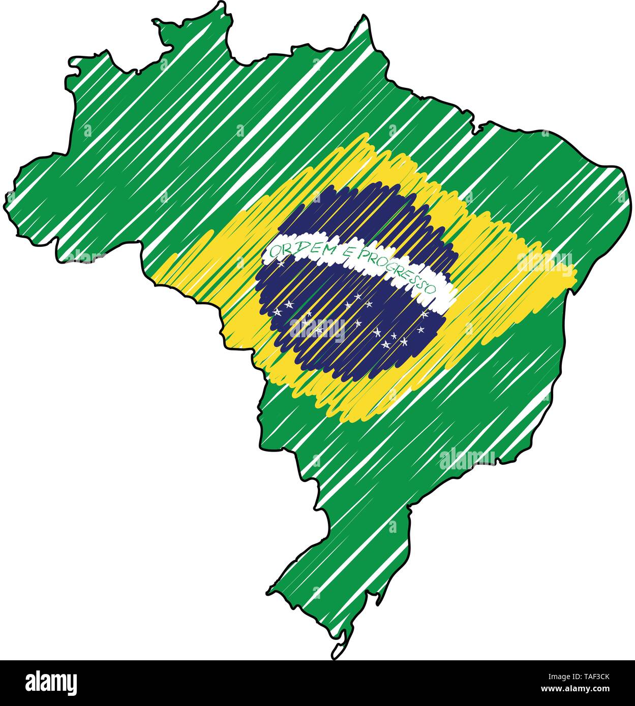 Mapa de Brasil boceto dibujados a mano. Ilustración del concepto de vector bandera, dibujo infantil, scribble mapa. Mapa del país para la infografía, folletos y Ilustración del Vector