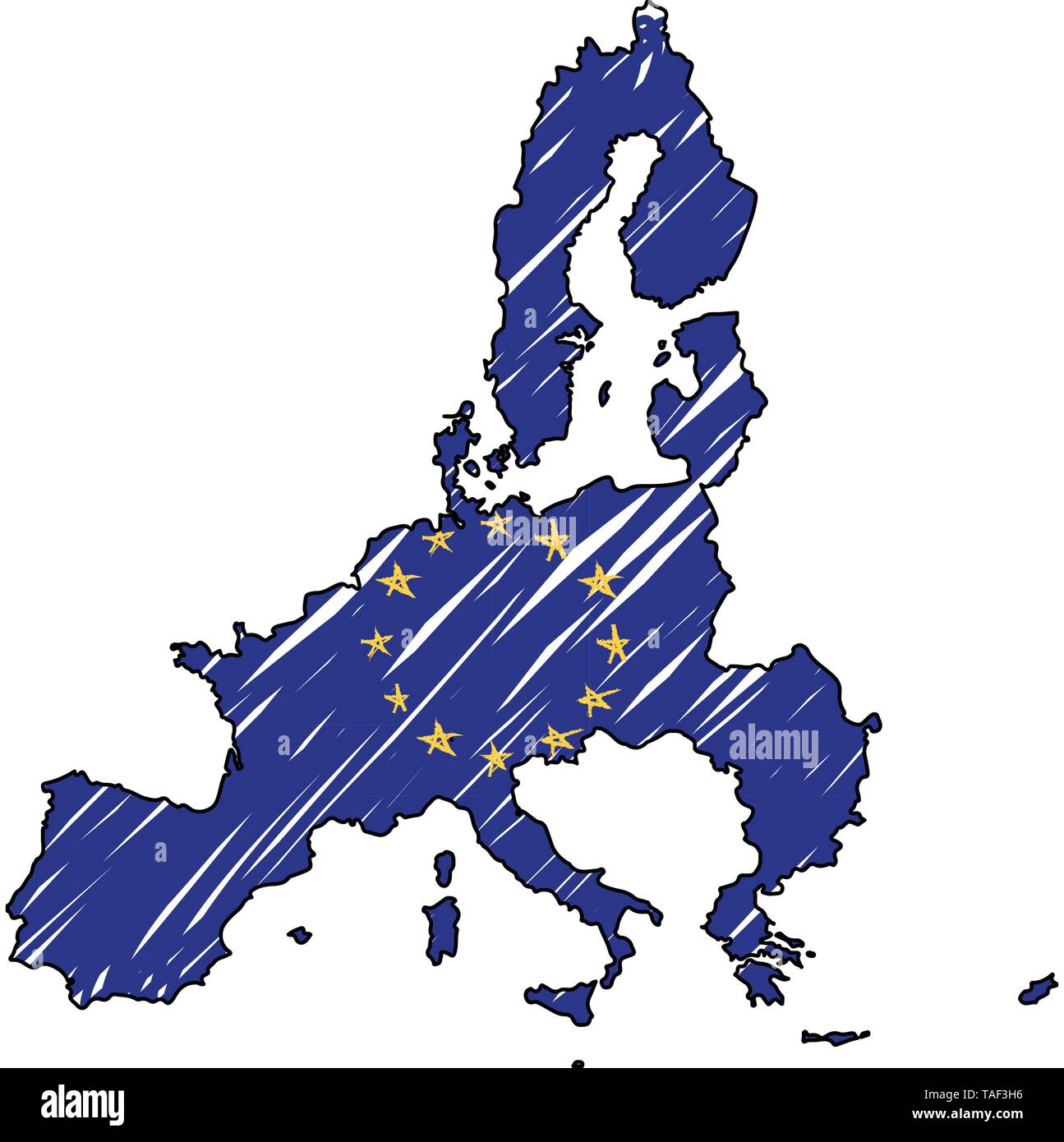 Unión Europea mapa boceto dibujados a mano. Ilustración del concepto de vector bandera, dibujo infantil, scribble mapa. Mapa del país para la infografía, folletos y Ilustración del Vector