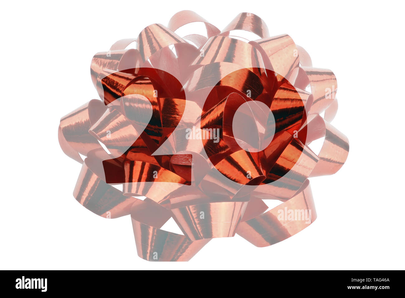 Imagen de un lazo de regalo iluminada hecha de cinta de regalo roja transparente con el número 20 en color original. Foto de stock