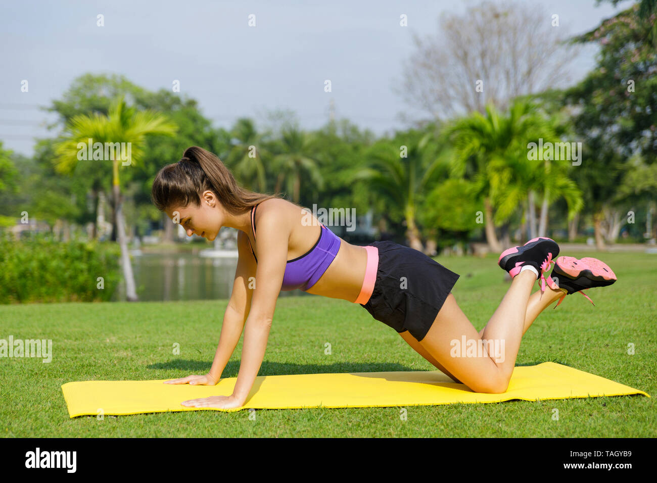 Fitness ejercicio para principiantes. Mujer joven haciendo flexiones de  rodilla en el parque Fotografía de stock - Alamy