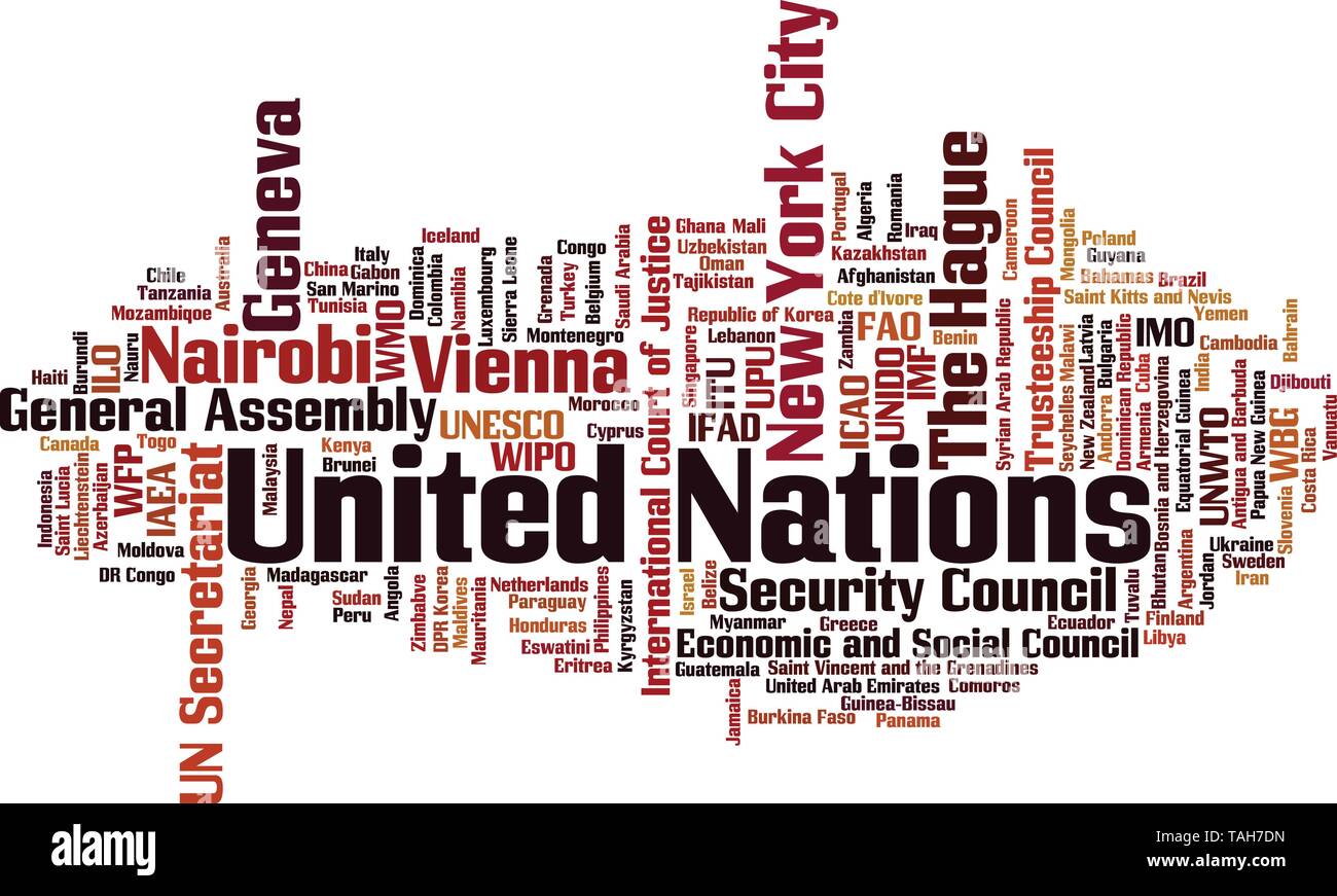Concepto de nube de palabras de las Naciones Unidas. Collage hecho de palabras acerca de la labor de las Naciones Unidas. Ilustración vectorial Ilustración del Vector