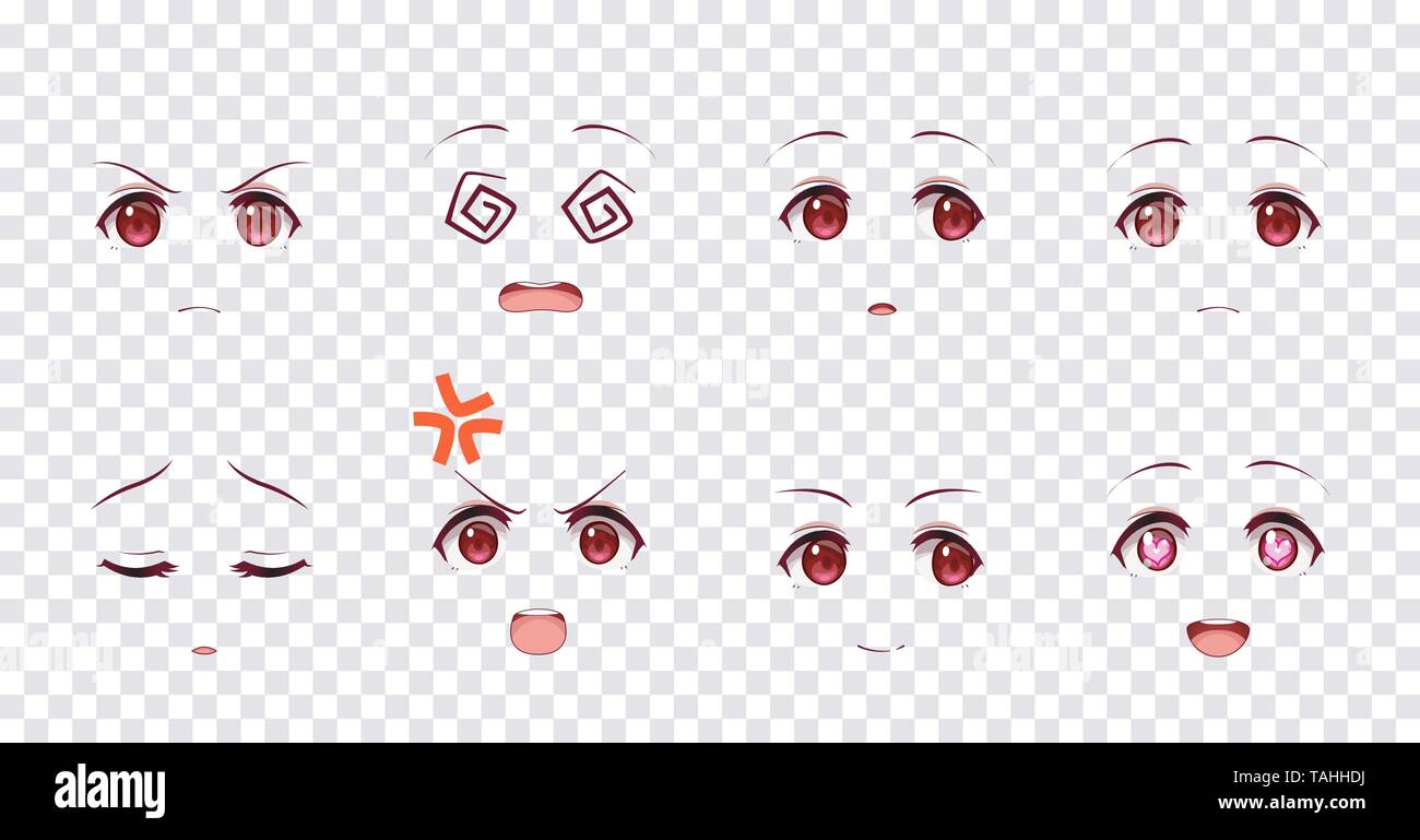 Cartoon Rreal ojos rojos de manga anime Niñas, de estilo japonés. Conjunto de diferentes emociones Imagen Vector de stock - Alamy Cartoon Rreal ojos rojos de manga anime Niñas, de estilo japonés. Conjunto de diferentes emociones Imagen Vector de stock - Alamy