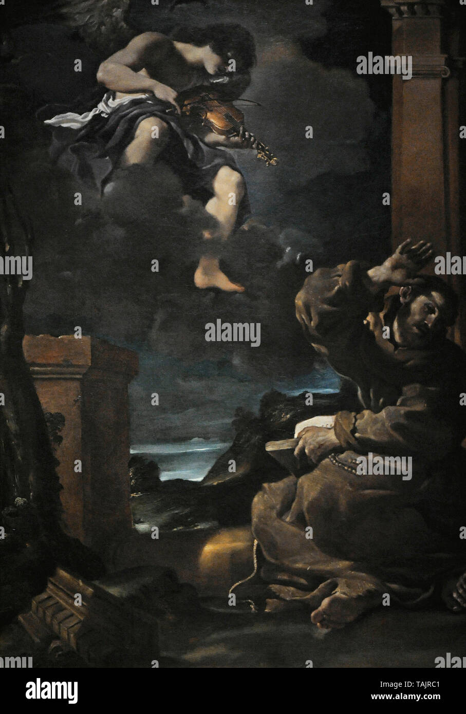 Il Guercino (Giovanni Francesco Barbieri) (1591-1666). Pintor italiano. San Francisco escuchando música de un ángel. Museo Nacional. Varsovia. Polonia. Foto de stock