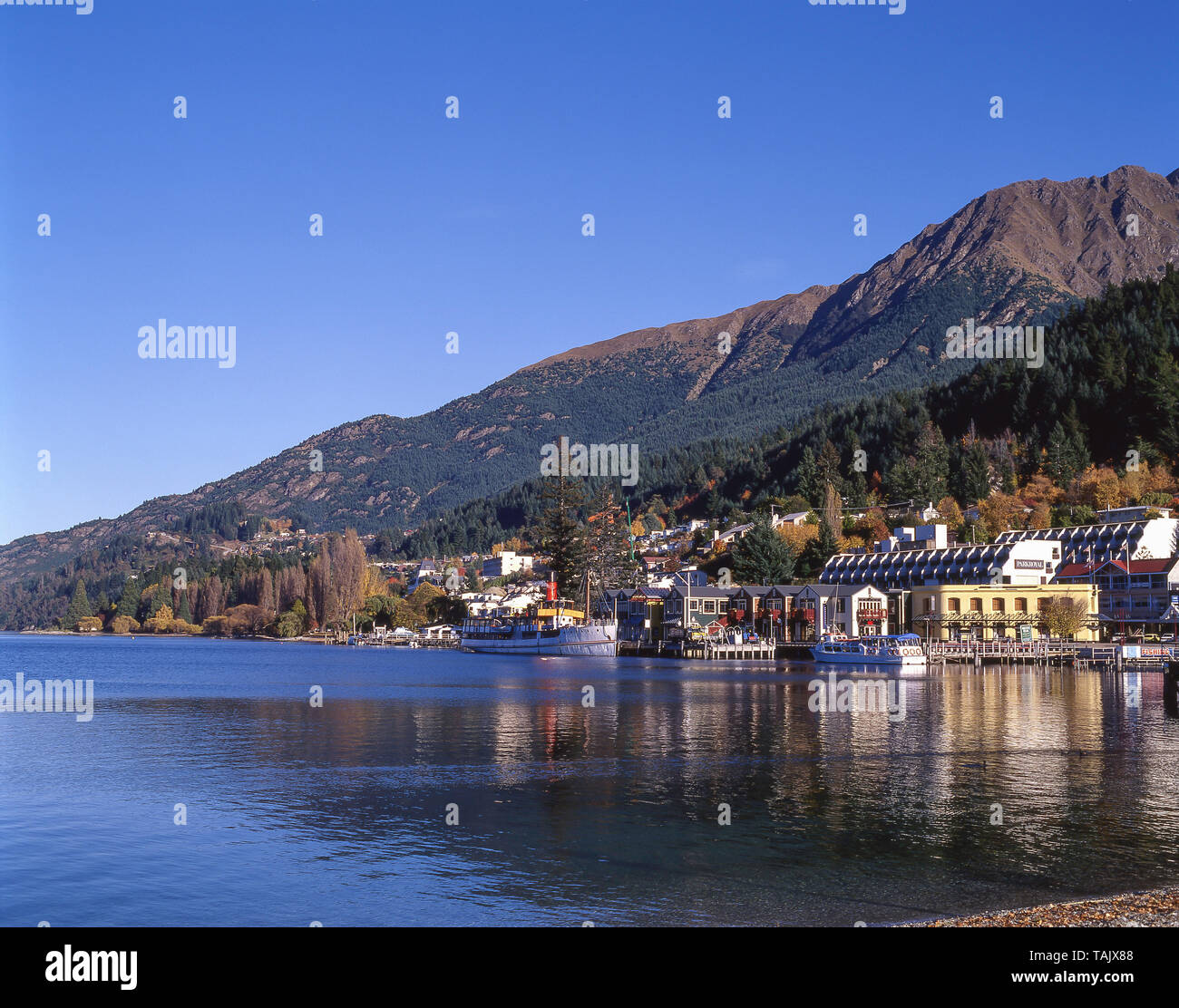 Vista de foreshore a través del lago Wakatipu, Queenstown, la Región de Otago, Isla del Sur, Nueva Zelanda Foto de stock