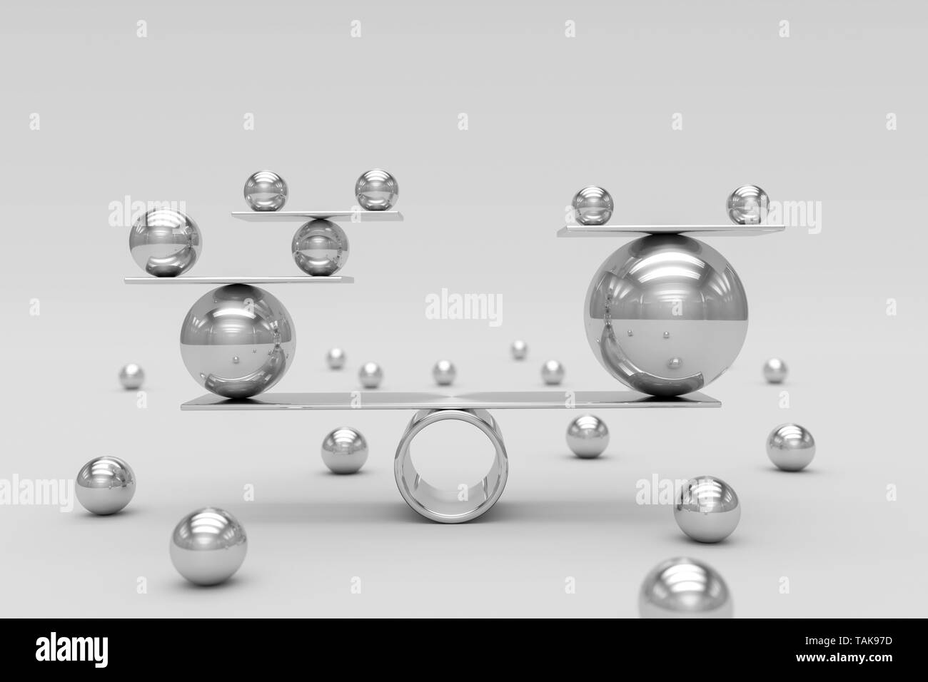 Perfecta Armonía de bolas del cromo brillante.Trabajo en Equipo,y el Balance de Riesgos Concepto.3D rendering. Foto de stock