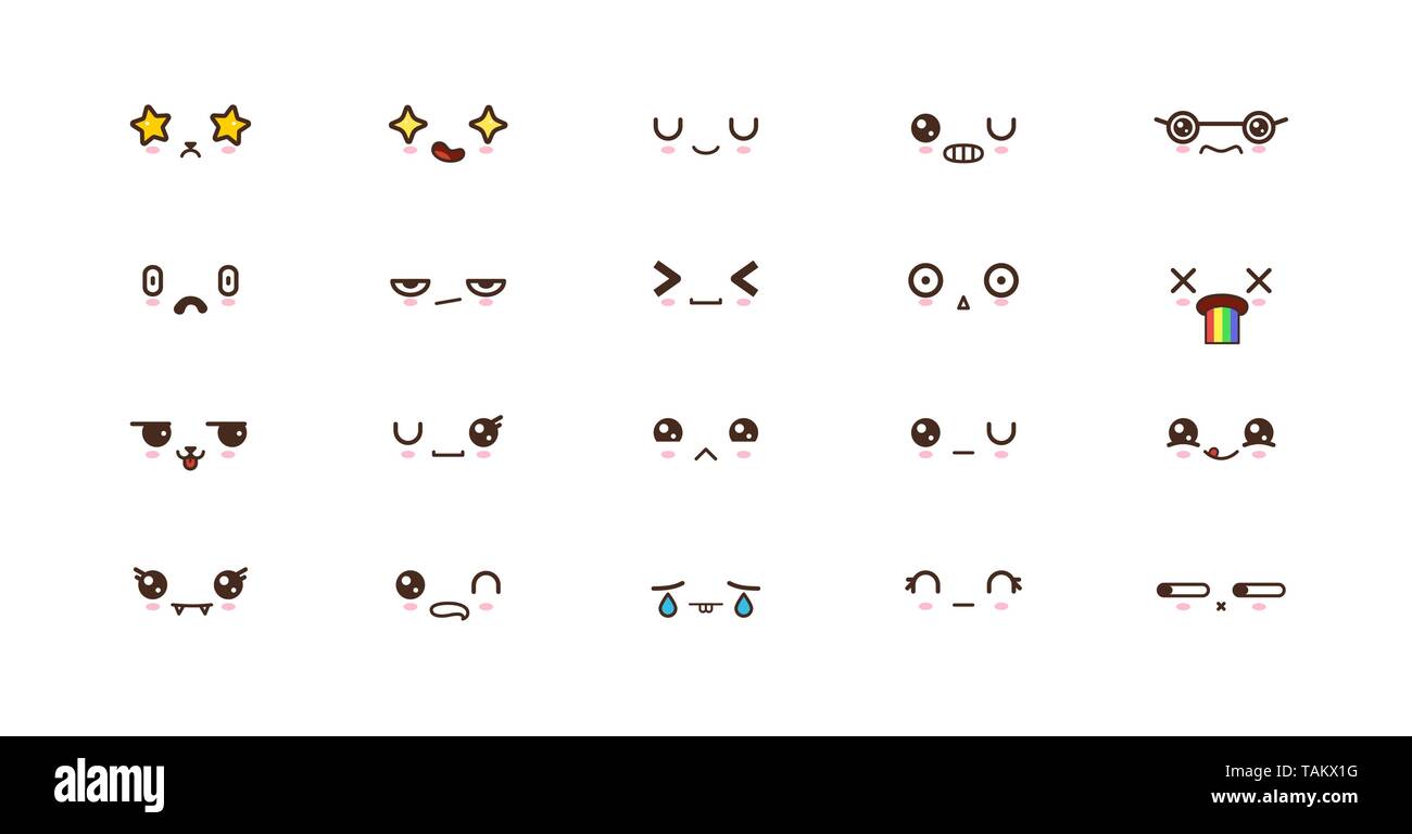 Iconos kawaii rostros expresiones cute sonrisa emoticonos. Emoji japoneses  Imagen Vector de stock - Alamy