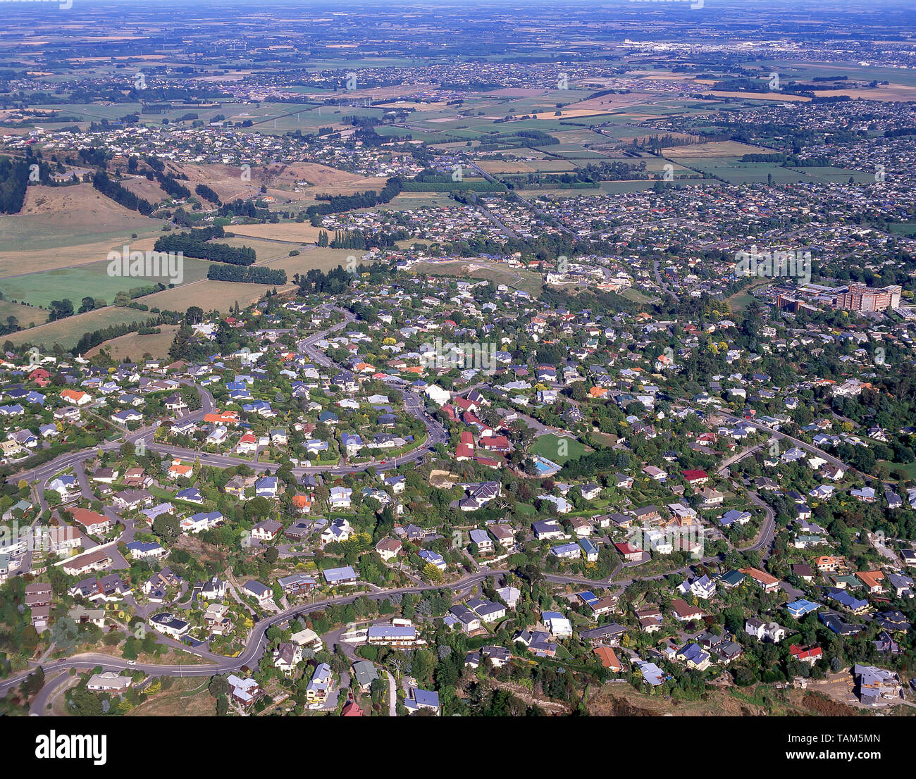 Vista aérea del suburbio de Cashmere Hills, Christchurch, Canterbury, Nueva Zelandia Foto de stock