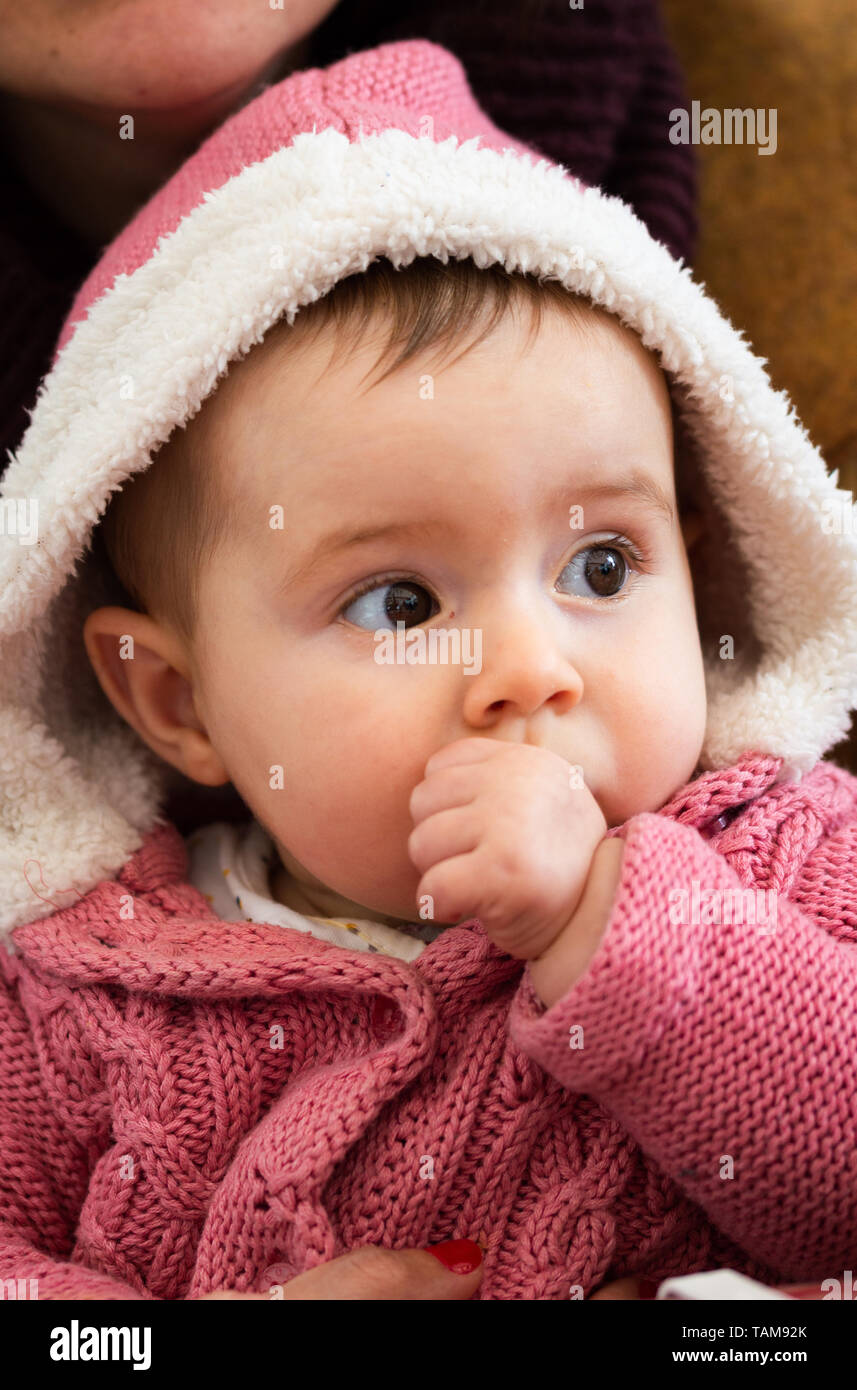 Un lindo bebé chupa su pulgar llevaba una chaqueta de lana de color rosa  Fotografía de stock - Alamy