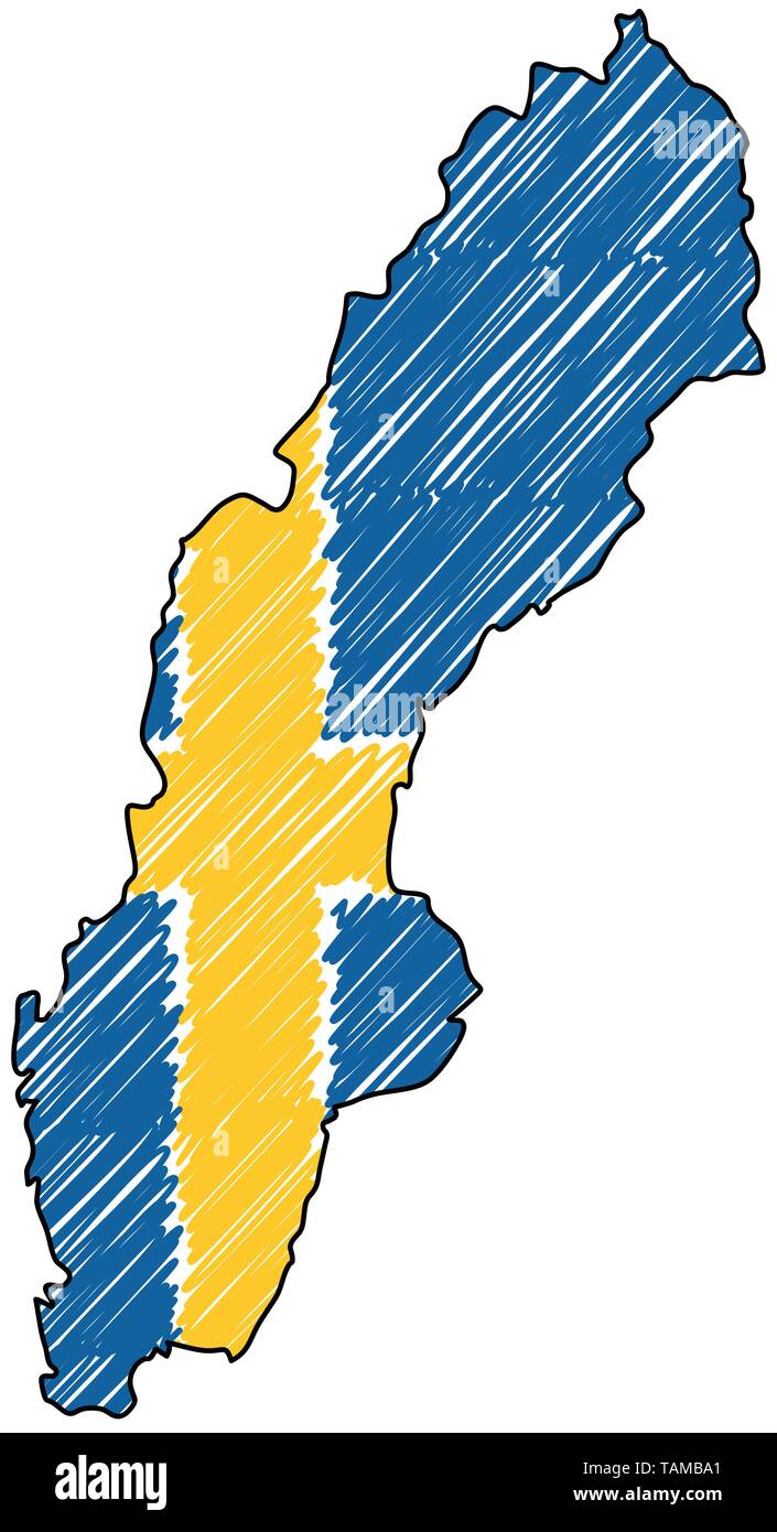 Mapa de Suecia boceto dibujados a mano. Ilustración del concepto de vector bandera, dibujo infantil, scribble mapa. Mapa del país para la infografía, folletos y Ilustración del Vector
