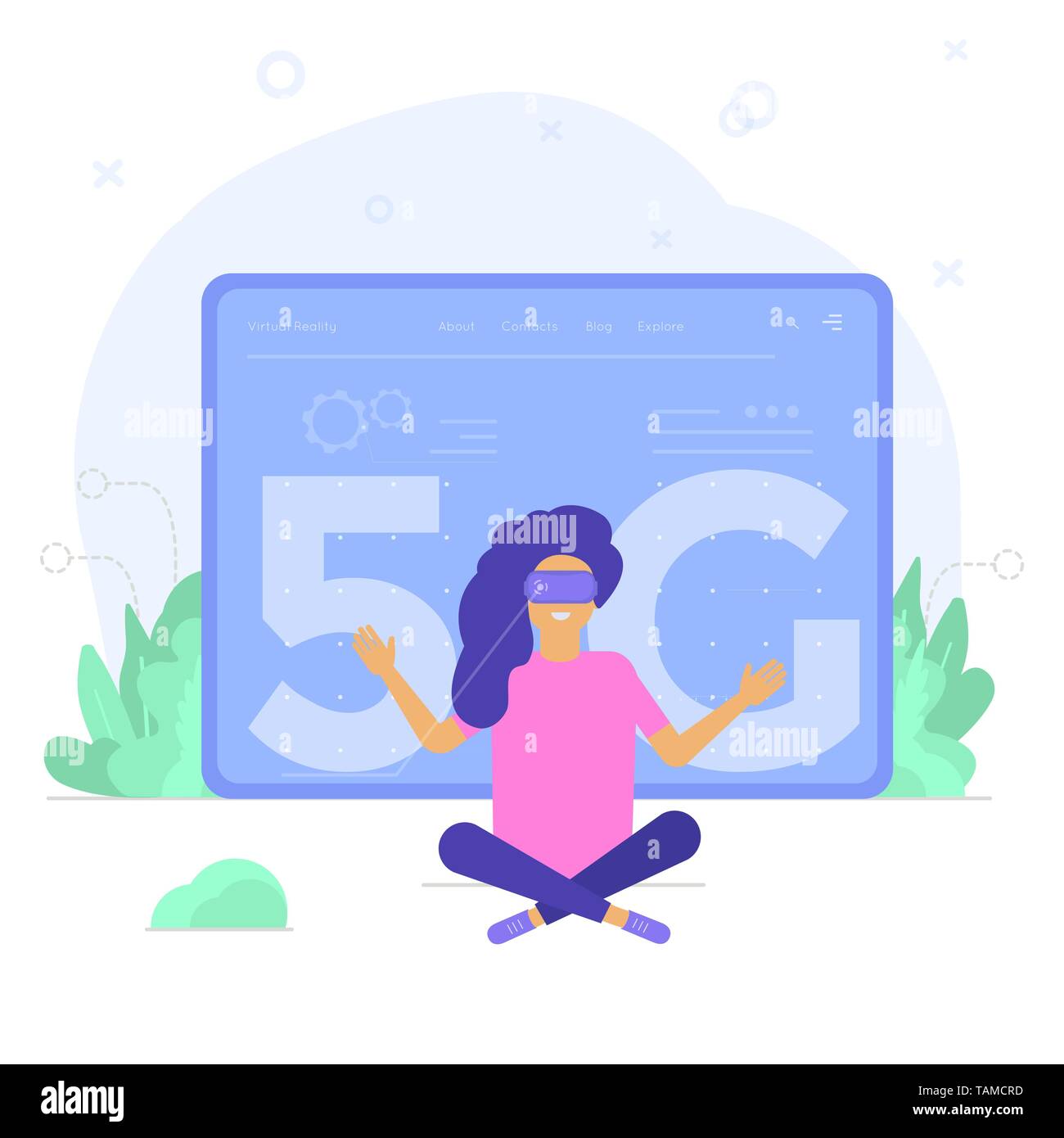 Alta velocidad 5G móvil concepto tecnológico con los personajes. Los sistemas de comunicación de red inalámbrica e internet. Plantilla de sitio web, landing page, web Ilustración del Vector