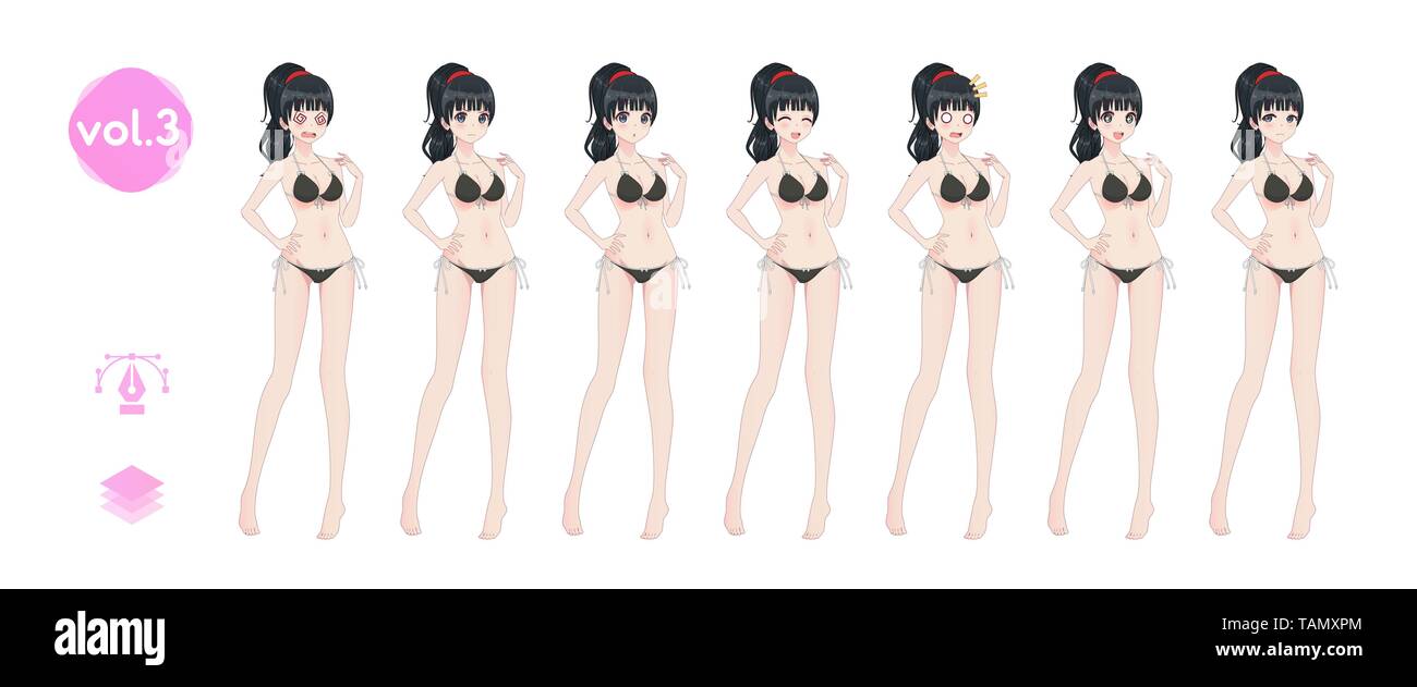 Anime Girl manga, personaje de cómic de estilo japonés. En un verano bikini  bañador. Conjunto de emociones. Sprite para el juego de caracteres de  longitud completa visual nove Imagen Vector de stock -
