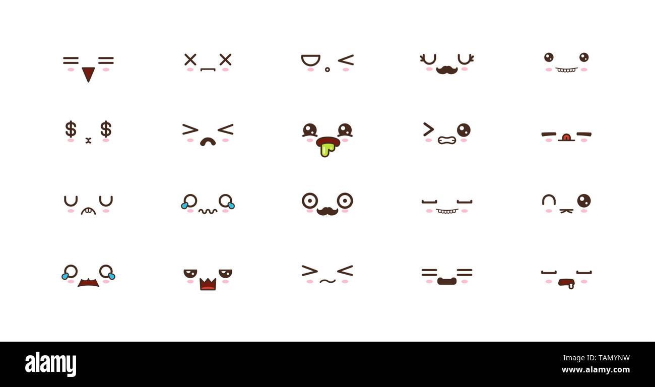 Expresiones de rostros kawaii cute sonrisa emoticonos. Emoji japoneses  Imagen Vector de stock - Alamy