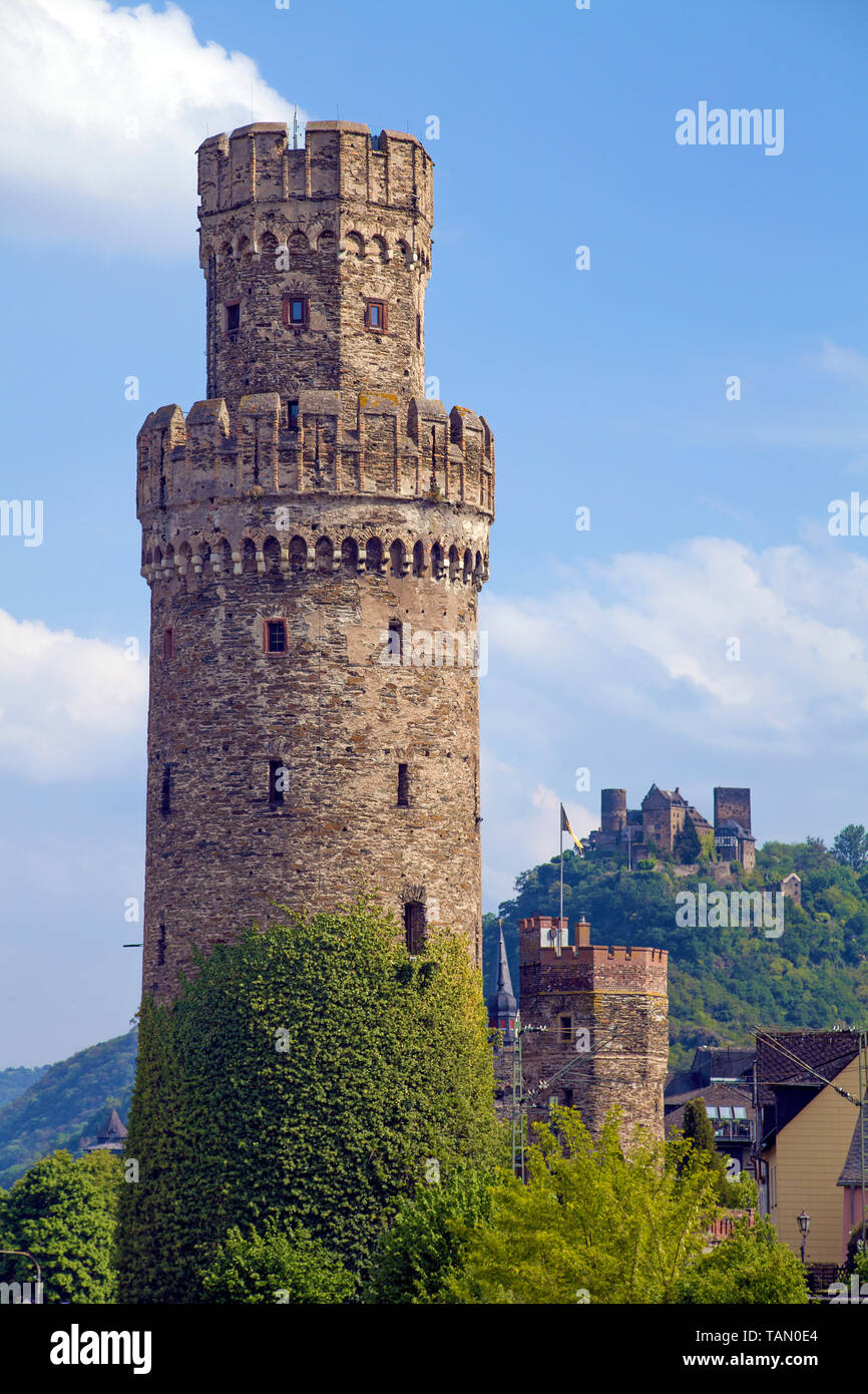 Torre (Ochsenturm Ox), encima del castillo Schönburg Oberwesel, Alto Valle del Rin central superior, Renania-Palatinado, Alemania Foto de stock