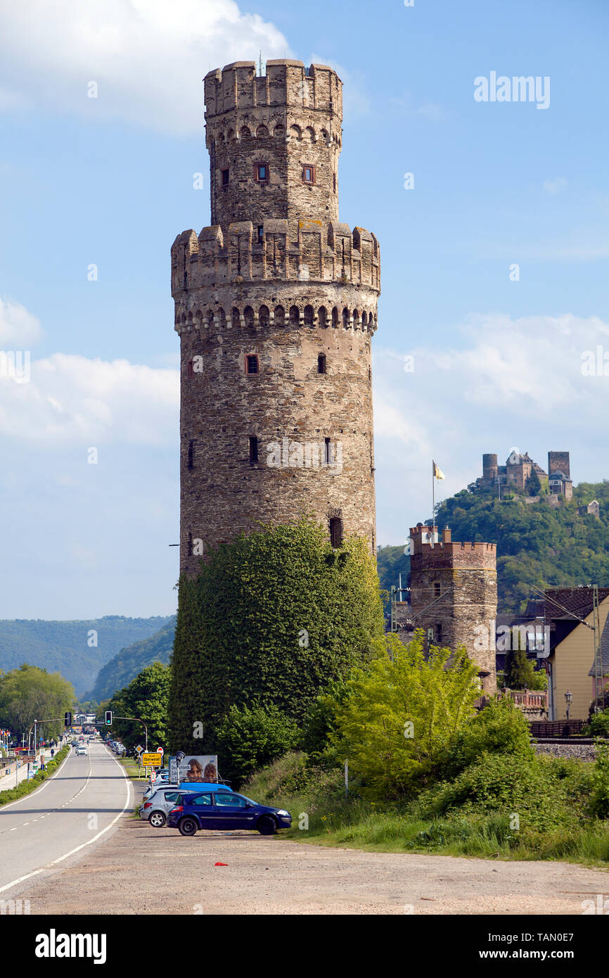 Torre (Ochsenturm Ox), encima del castillo Schönburg Oberwesel, Alto Valle del Rin central superior, Renania-Palatinado, Alemania Foto de stock