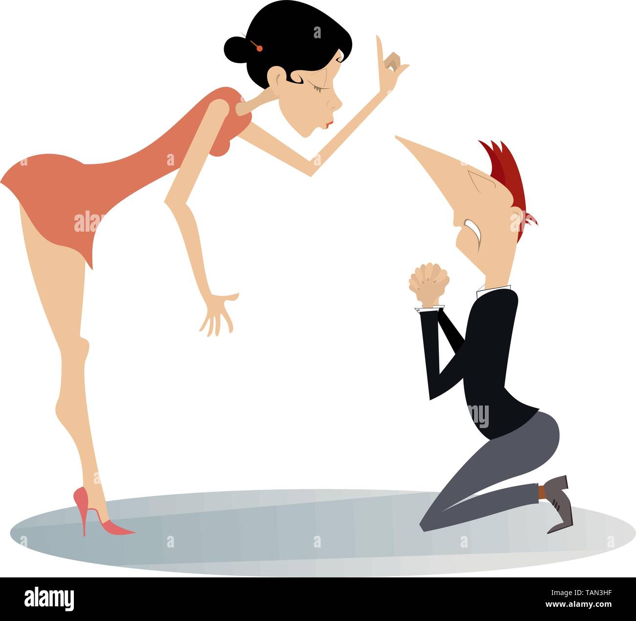 La pelea entre el hombre y la mujer. Joven enojado regaña a alojarse en el hombre se arrodilla aislado en blanco ilustración Ilustración del Vector