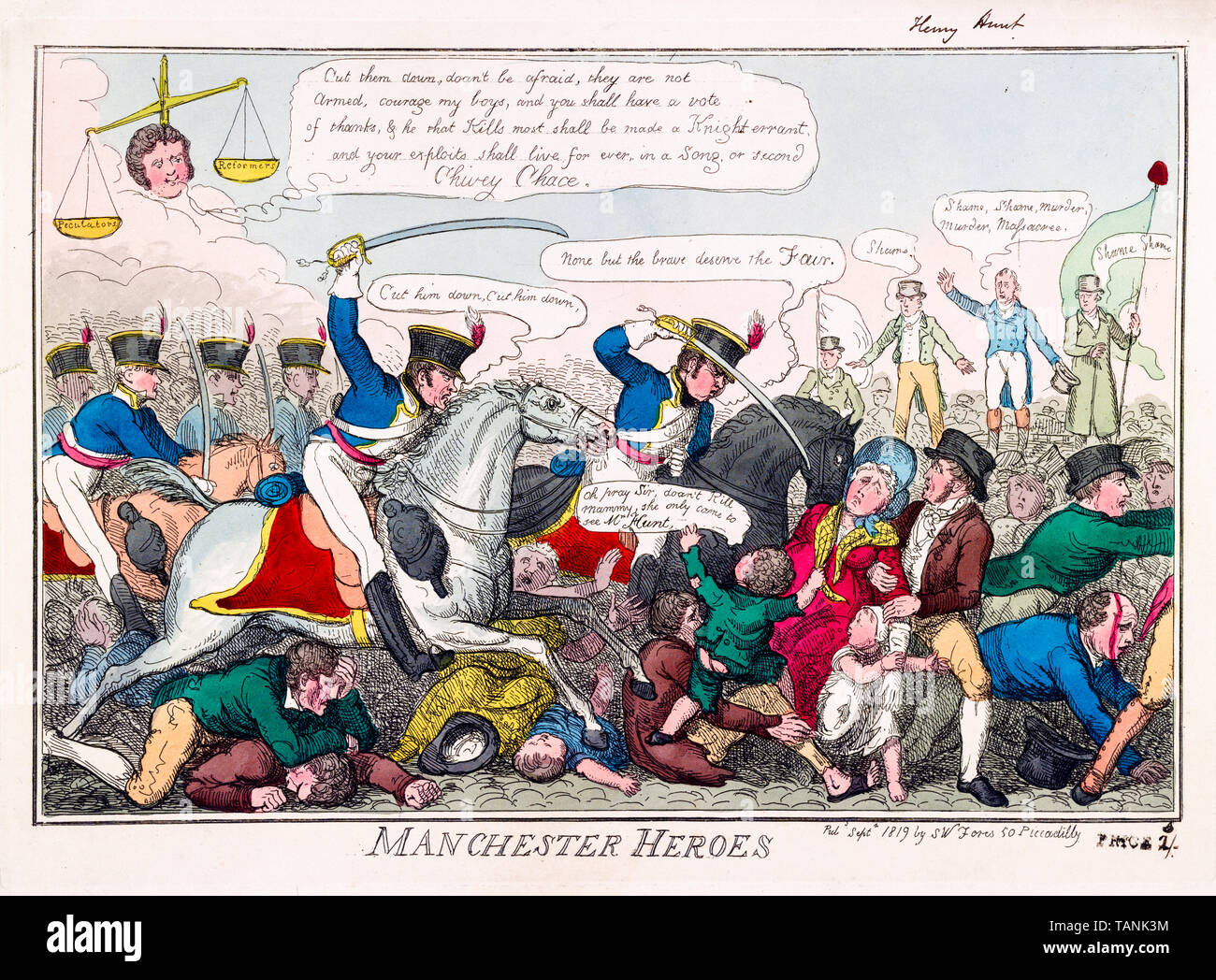 Héroes de Manchester, la Masacre de Peterloo, grabado, 1819. Foto de stock