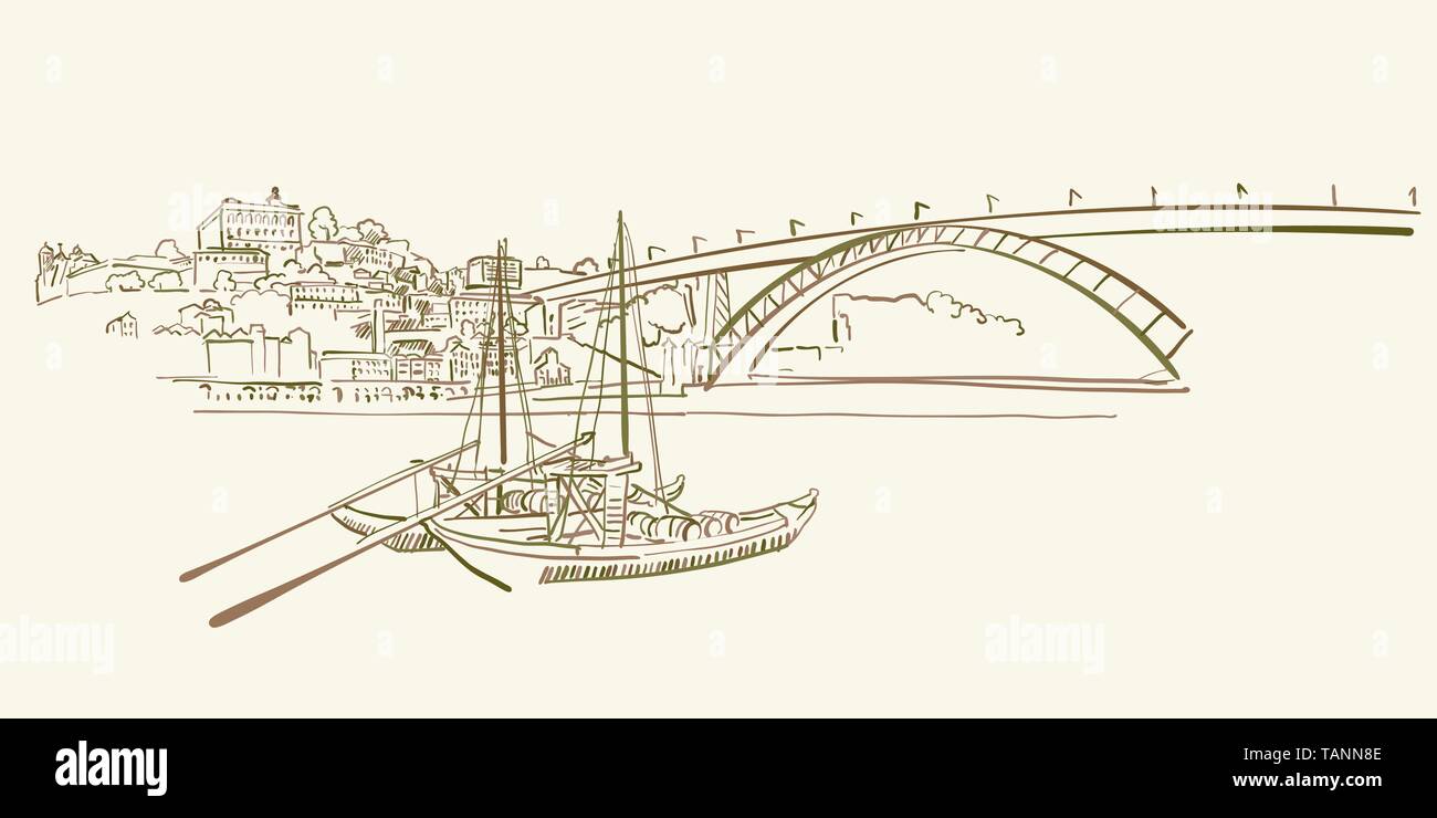 Porto Panorama dibujo, versión de color marrón para las aplicaciones, imprimir o fondos de web Ilustración del Vector