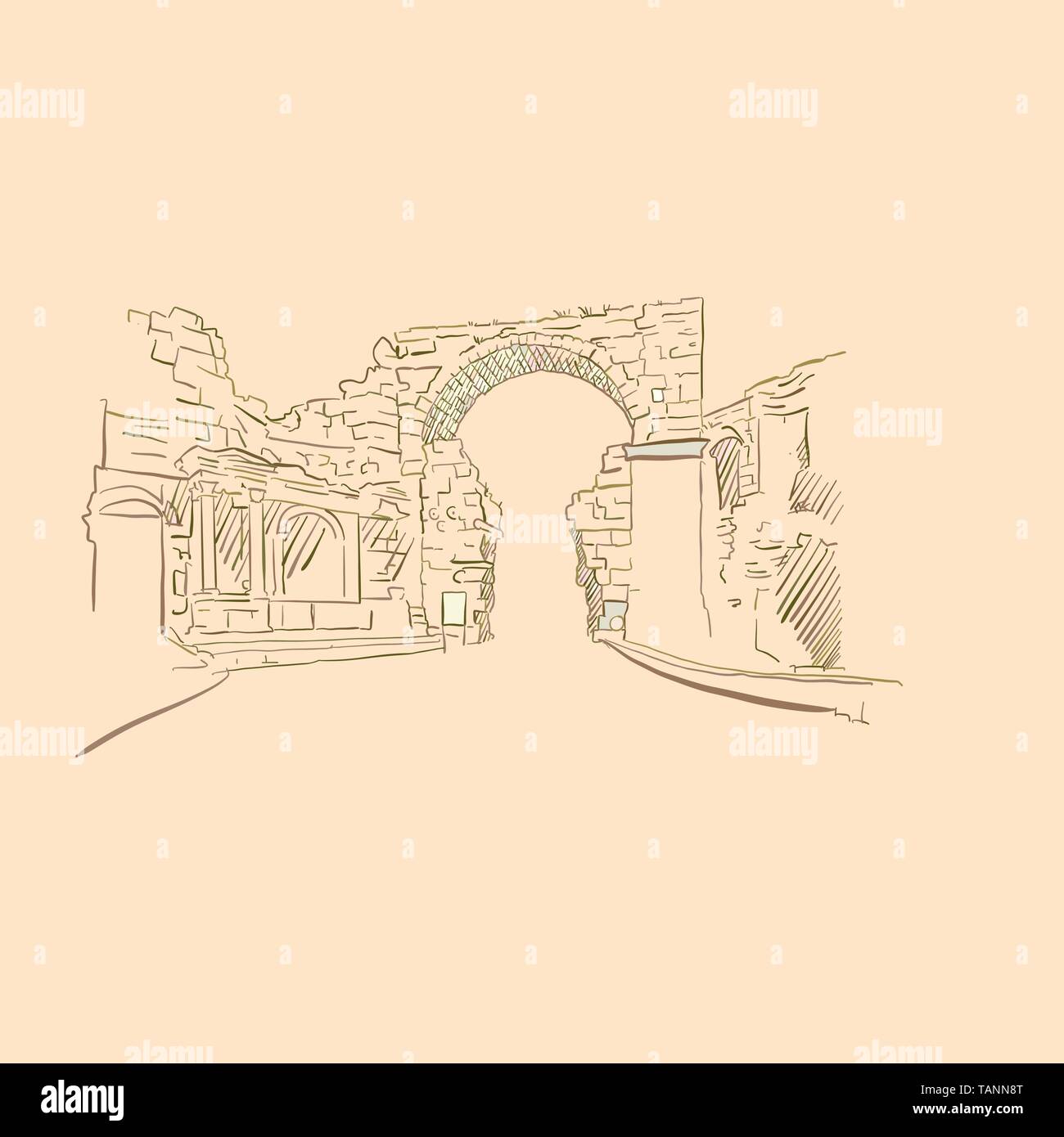 La antigua Puerta, dibujo, versión de color marrón para las aplicaciones, imprimir o fondos de web Ilustración del Vector