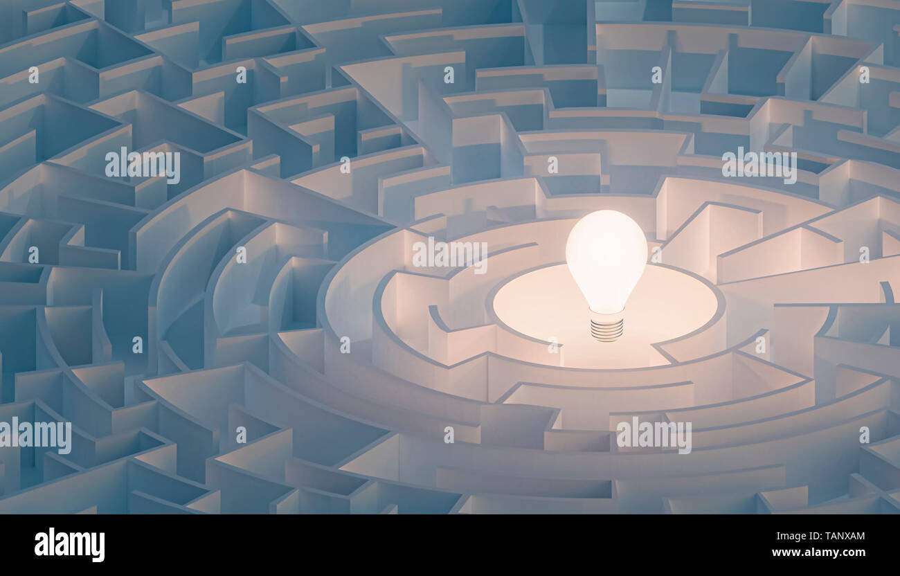 Laberinto circular o laberinto con bombilla en su centro. Puzzle, enigma, la inteligencia, el pensamiento, la solución IQ conceptos. 3D Render ilustración. Foto de stock