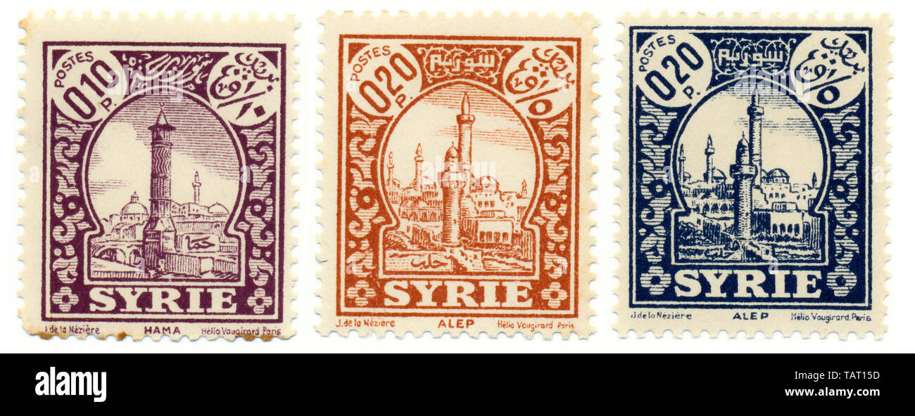 Sellos históricos de Siria, Historische Briefmarken aus sirio, Stadtansichten von Hama und Aleppo, Arabische Republik Sirio Foto de stock