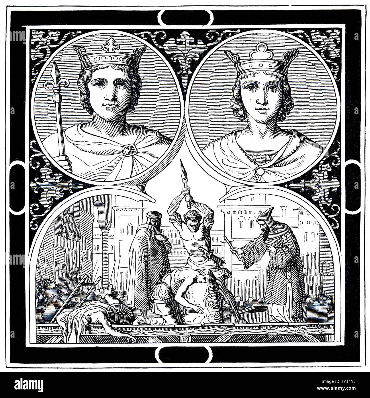 Konrad (1228 - 1254) aus dem Geschlecht der Staufer, Herzog von Schwaben, König des Heiligen Römischen Reiches, König von Sizilien und Jerusalén mit Konrad, Konradin (1252 - 1268 ), Herzog von Schwaben als Konrad IV., König von Jerusalén als Konrad III. und König von Sizilien als Konrad II., historische Zeichnung aus dem 19. Jahrhundert, aus der Deutschen Bildnisse Könige und Kaiser von El profesor Heinrich Schneider, Verlag Friedrich Andreas Perthes, Gotha, 1889 Foto de stock