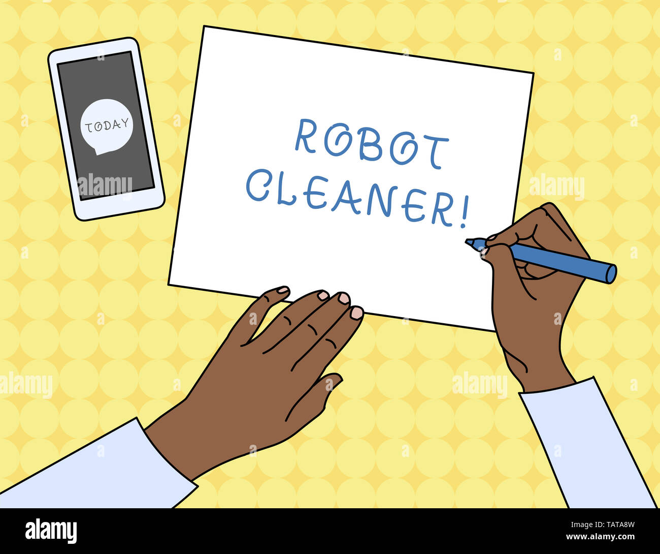Escribir nota que muestra el robot limpiador. Concepto de negocio para una programación inteligente y un sistema de limpieza vacío limitada vista superior al hombre el papel de escribir Pen S Foto de stock