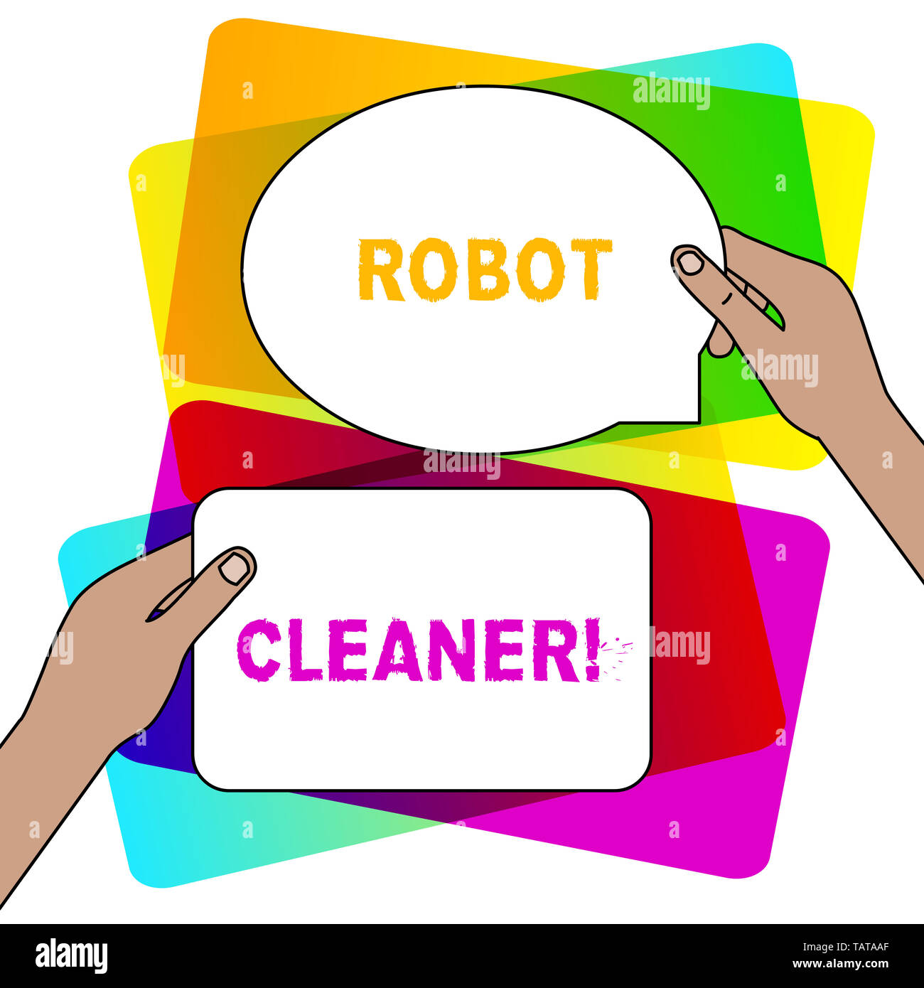 Escritura de texto escrito Aspirador Robot. Foto conceptual una programación inteligente y un limitado sistema de limpieza vacío dos tabletas figurado signos en blanco Foto de stock