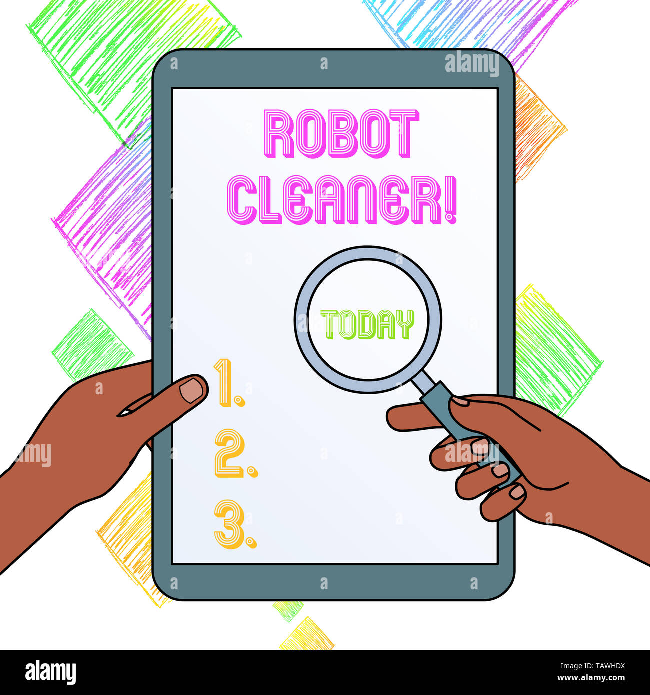 Escribir nota que muestra el robot limpiador. Concepto de negocio para una programación inteligente y un limitado sistema de limpieza vacío manos sosteniendo una lupa Foto de stock