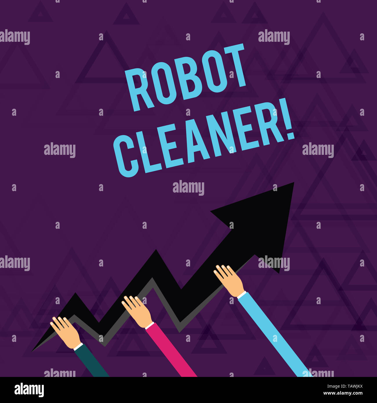 Escribir nota que muestra el robot limpiador. Concepto de negocio para una programación inteligente y un limitado sistema de limpieza vacío manos sosteniendo un relámpago en zigzag Foto de stock