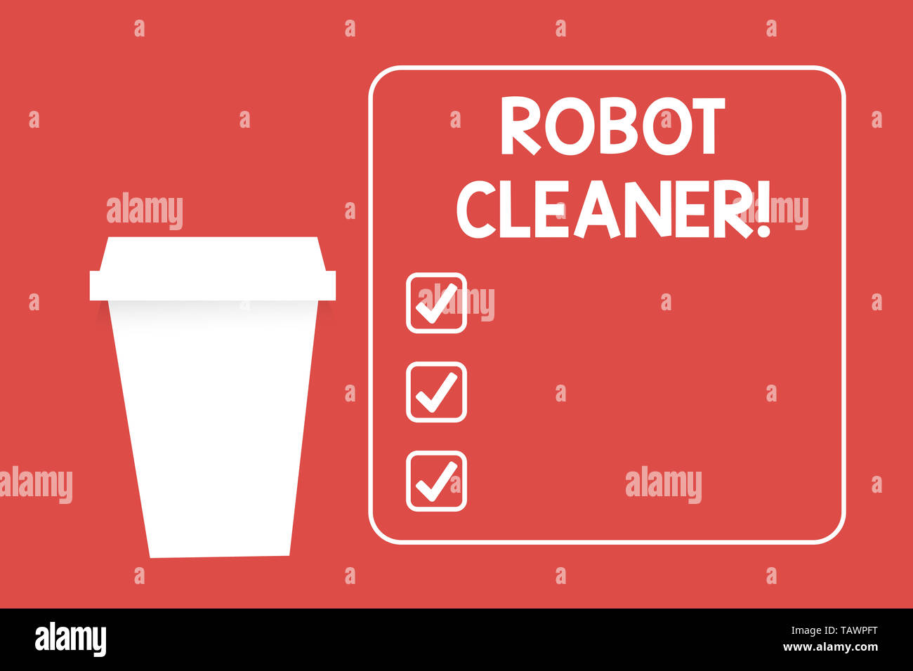 Escritura de texto Word Aspirador Robot. Foto de negocios mostrando una programación inteligente y un limitado sistema de limpieza vacío blanco té café en vasos de papel Foto de stock
