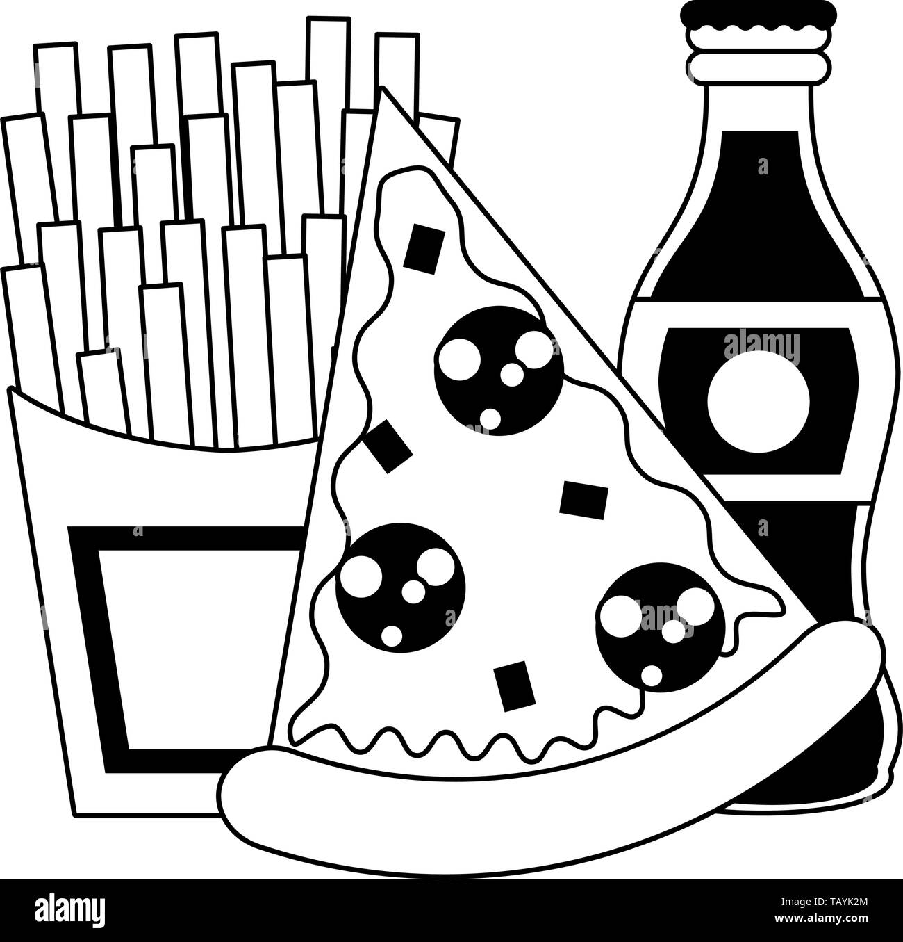 Pizza y patatas fritas con botella de refresco en blanco y negro Imagen