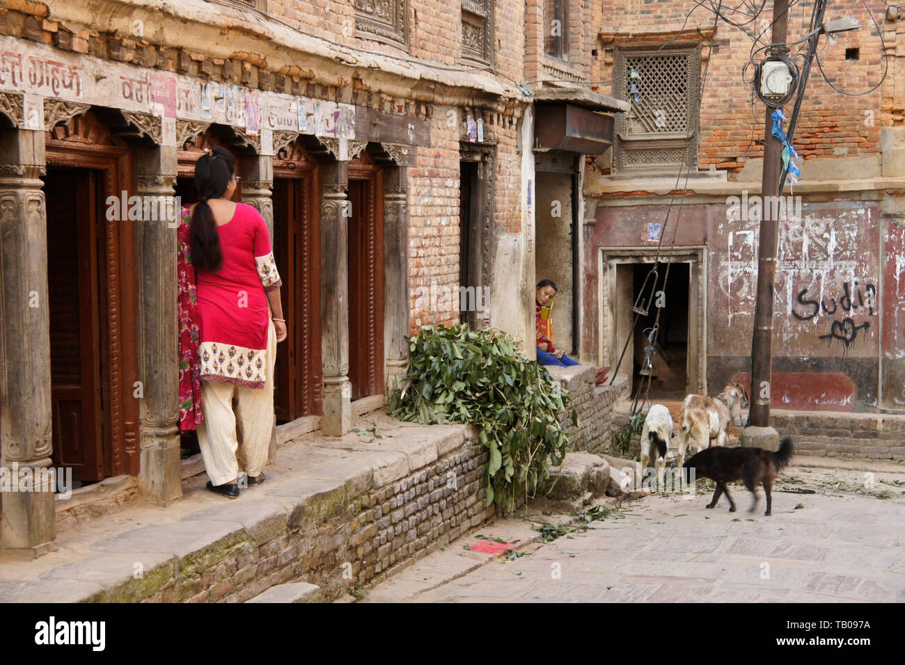Los edificios de ladrillos en la zona vieja de Dhulikhel, Nepal, con mujeres, cabras y un perro Foto de stock