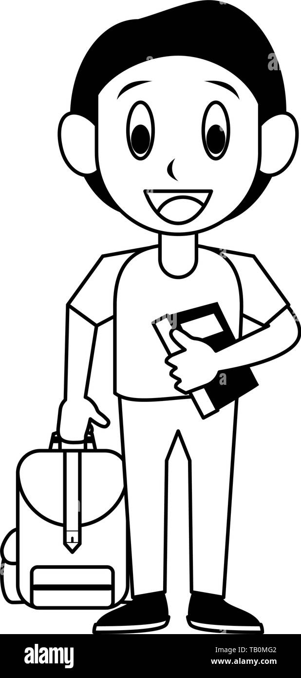 Estudiante varón con libro y equipaje en blanco y negro Ilustración del Vector