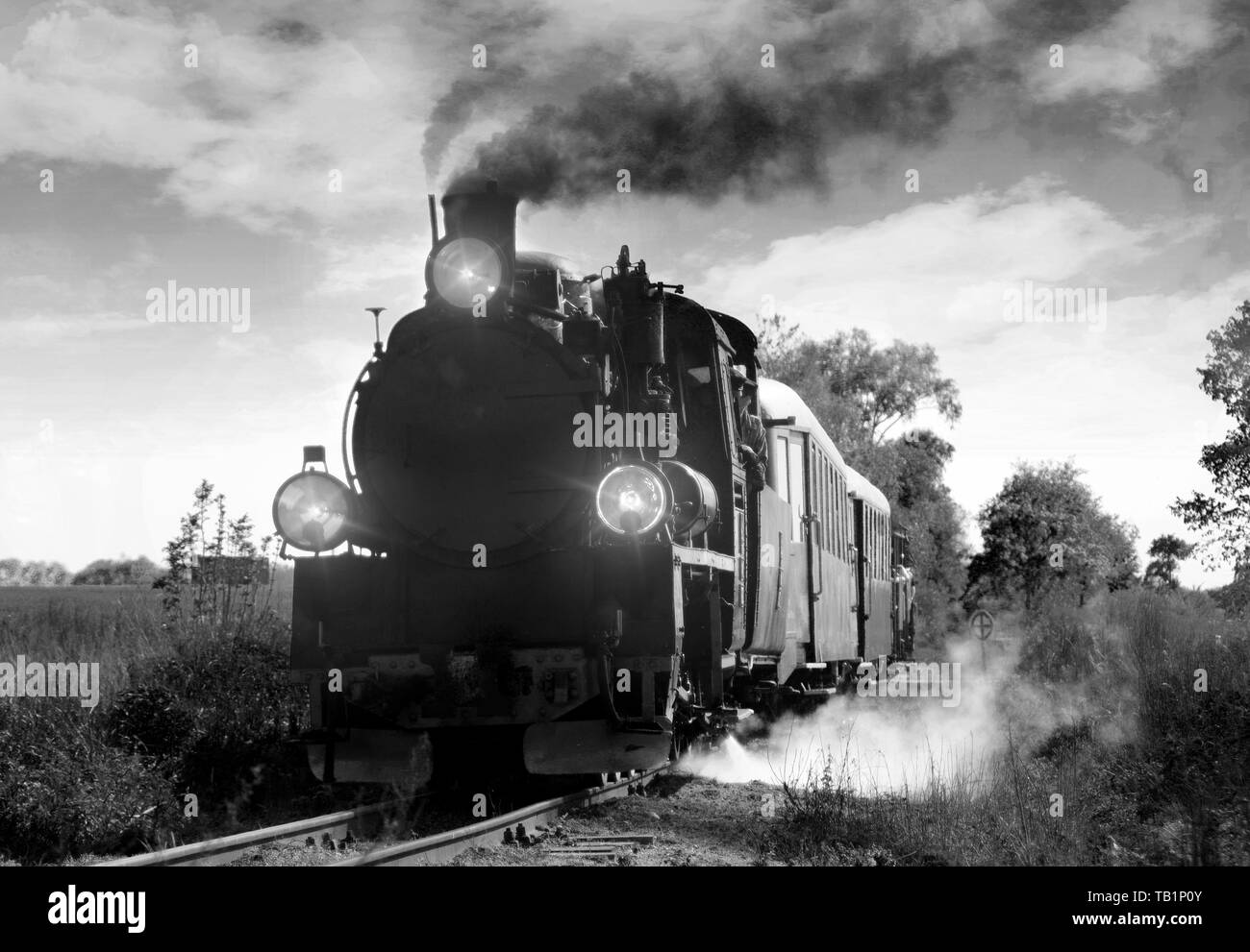 Antiguo tren de pasajeros en las vías. Locomotora retro con motor de vapor blanco y negro. Foto de stock