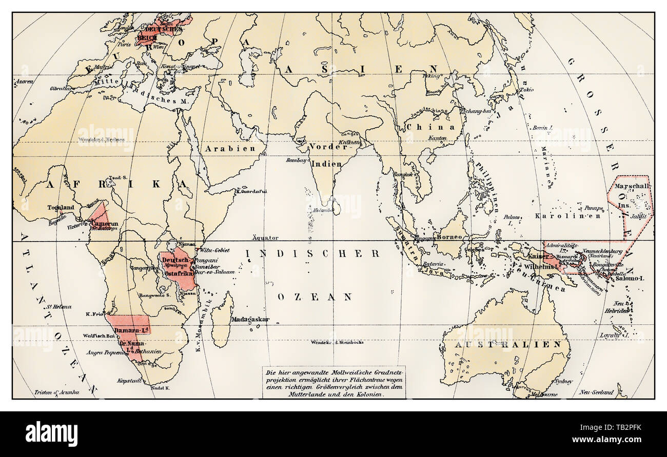 Mapa del mundo mostrando las colonias del imperio alemán del siglo XIX. Foto de stock