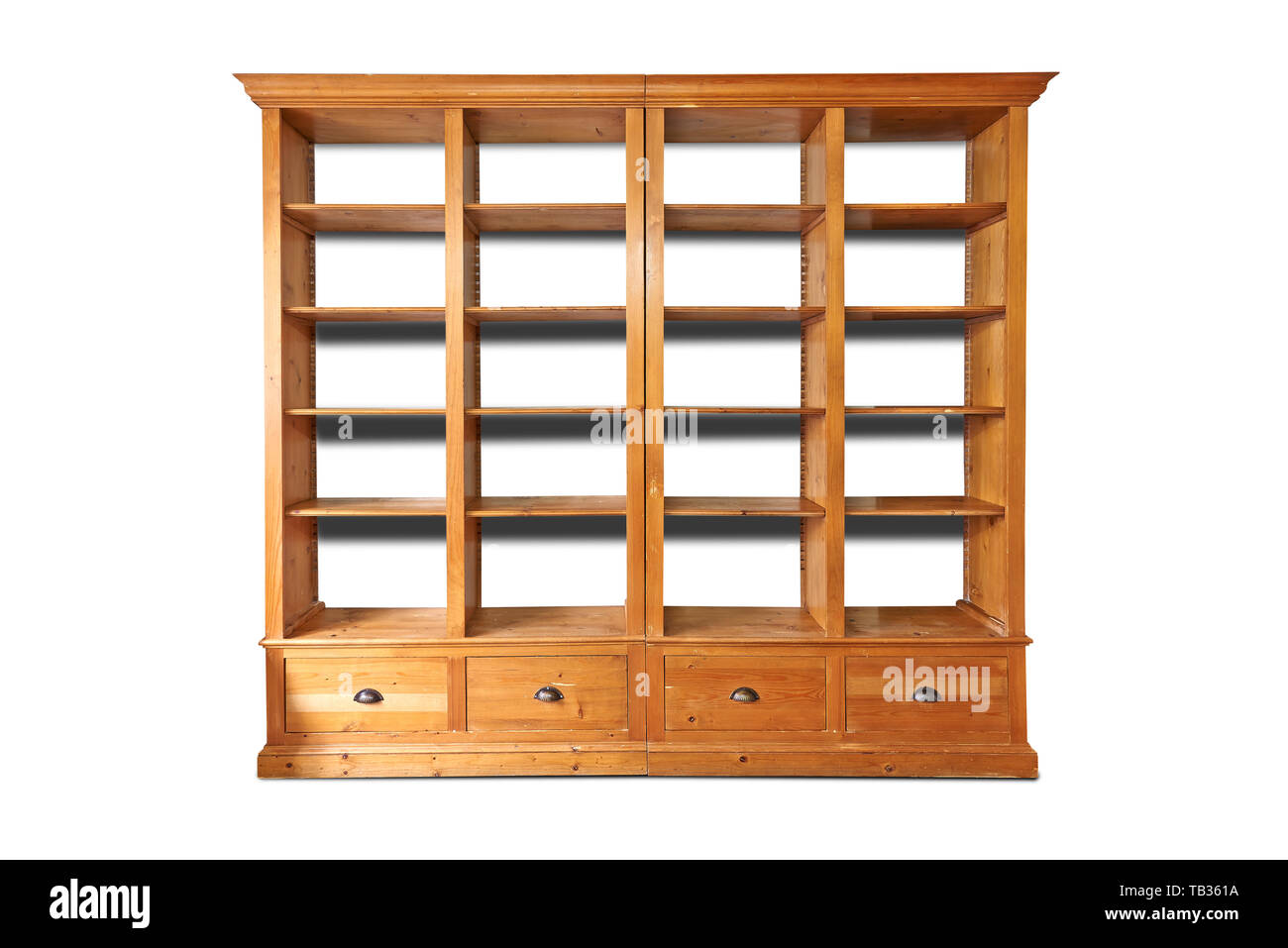 Biblioteca de madera doble vacío aislado en blanco con trazado de recorte Foto de stock