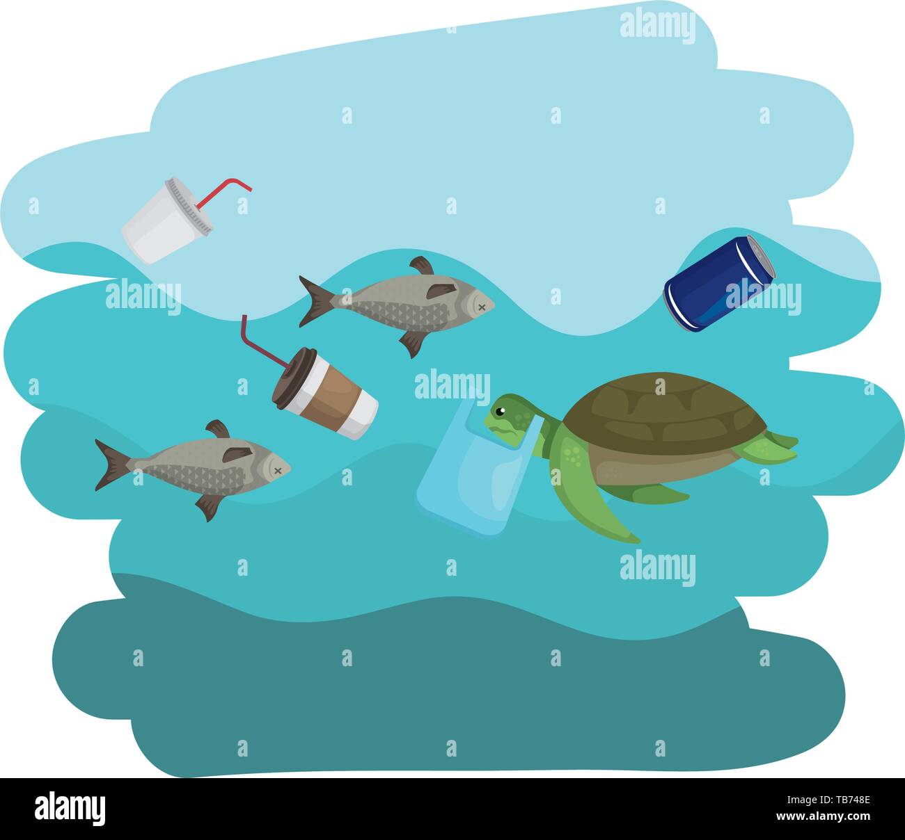 Peces de mar animales nadar en el mar contaminado con basura Imagen Vector  de stock - Alamy
