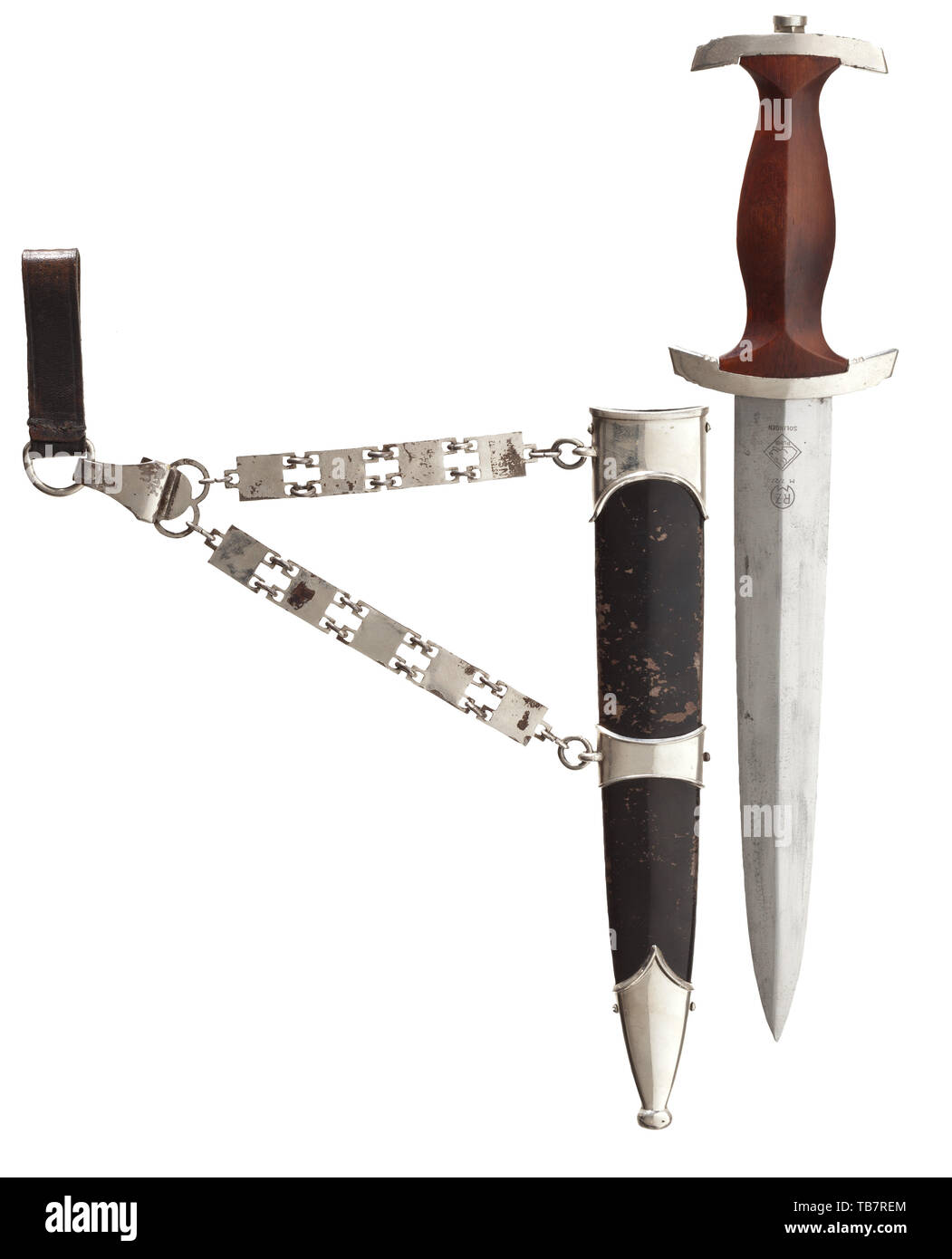 Un servicio daga M 36 con cadena colgante Blade, con grabados de lema y del  fabricante de doble grabado 'RZM: M7/27' y 'Puma Solingen', niquelado  racores de agarre, Brown, agarre de madera