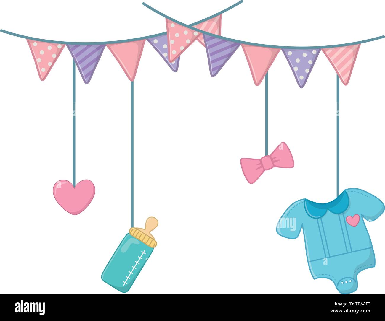 Elementos del bebé colgando de cuerdas ropa de bebé, arco y corazón Imagen Vector de stock - Alamy