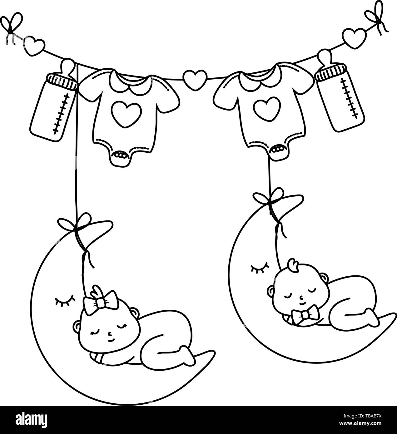 Bebés durmiendo sobre la luna colgando en tendedero cuerda con de bebé y ilustración vectorial diseño gráfico Imagen de stock - Alamy