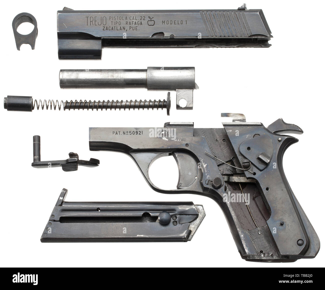 Una máquina pistola Trejo Modelo 1, Tipo Rafaga Cal..22 l.r, no. 12035.  Cilíndrico liso, longitud 81 mm. La longitud total del arma de 160 mm.  Descarga de peso de 620 g. Única