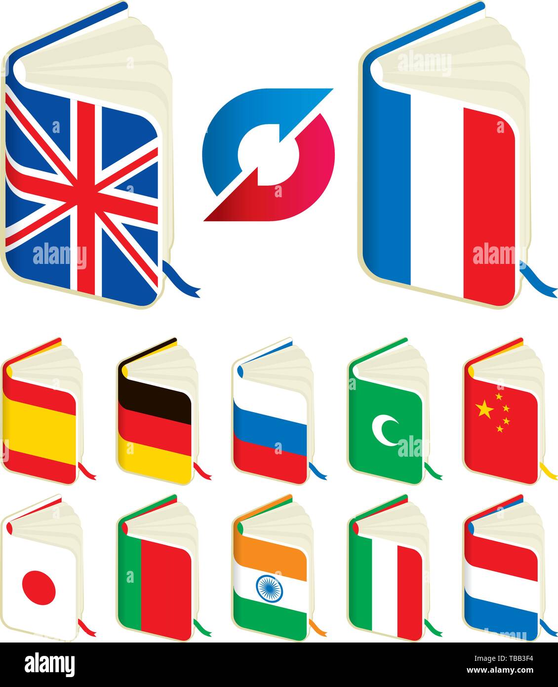 Ilustración vectorial. Traducir iconos de libro. Doce banderas en libros abiertos Ilustración del Vector