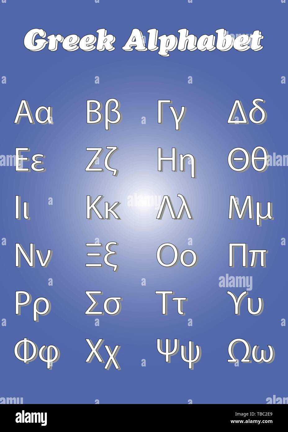 Alfabeto griego vector con letras en mayúsculas y minúsculas en fondo azul concepto de Alfabeto griego vector con letras en mayúsculas y minúsculas en fondo azul concepto de