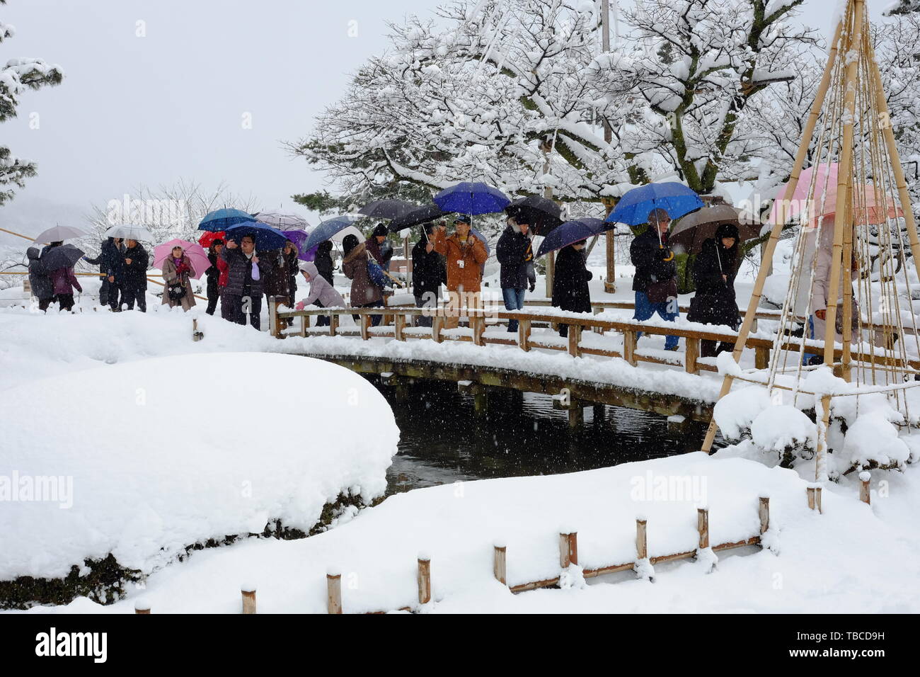 El jardín de Kenrokuen en Kanazawa ciudad en invierno, la nieve Foto de stock
