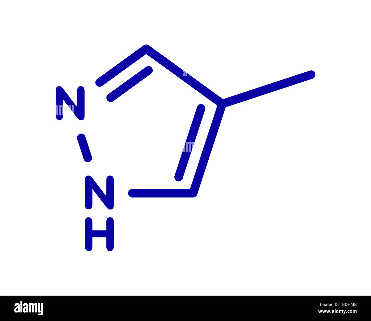 Intoxicación con metanol antídoto Fomepizole molécula. Fórmula esquelético azul sobre fondo blanco. Foto de stock