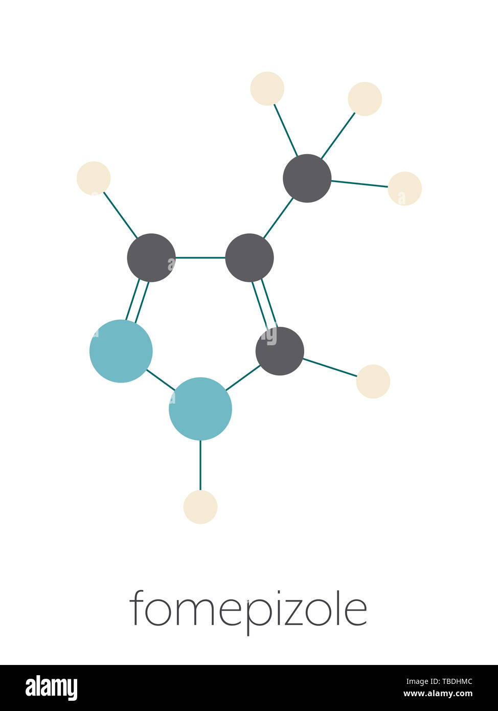 Intoxicación con metanol antídoto Fomepizole molécula. Estilizada fórmula esquelética (estructura química). Los átomos se muestran como círculos de color-coded conectado por una fina capa de los bonos, sobre un fondo blanco: hidrógeno (beige), carbón (gris), nitrógeno (azul). Foto de stock