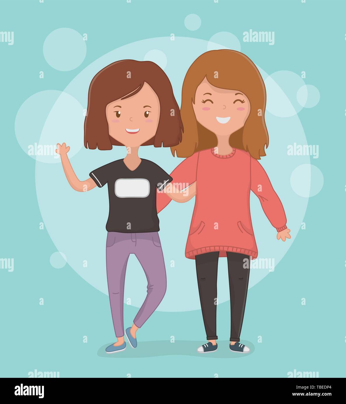 Las niñas dibujos animados diseño, Firiendship junto amigos felices y