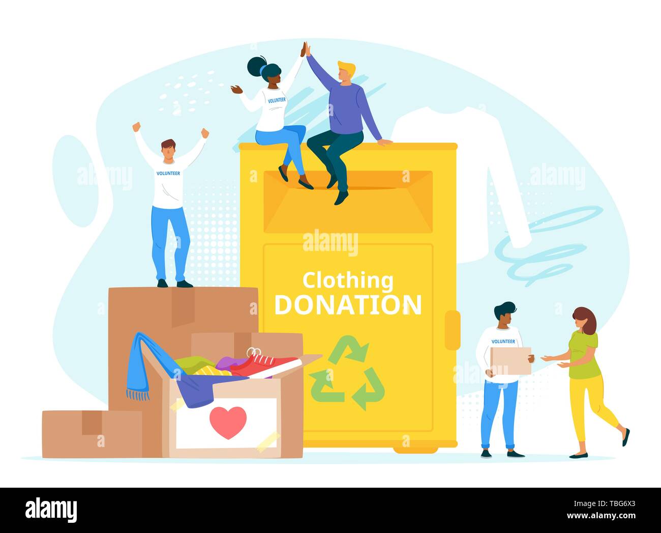 Las personas donar ropa para caridad juntas planas ilustración vectorial. Reutilización y reciclaje de ropa usada. Los jóvenes voluntarios organizan el trabajo colectivo. Coágulo Ilustración del Vector