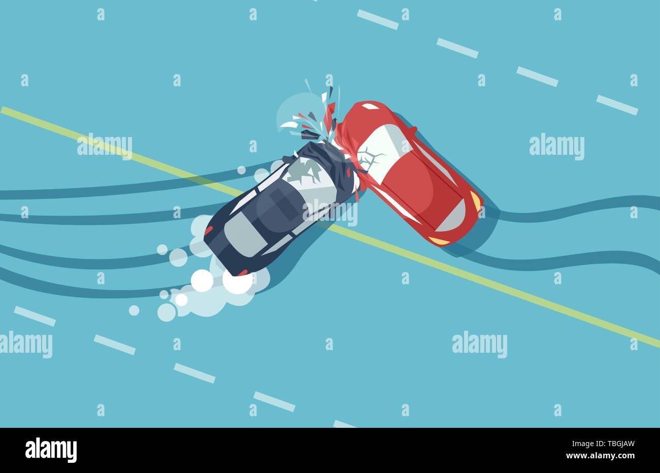 Vector de dos accidente de coche vista superior de colisión del vehículo sobre fondo azul. Ilustración del Vector