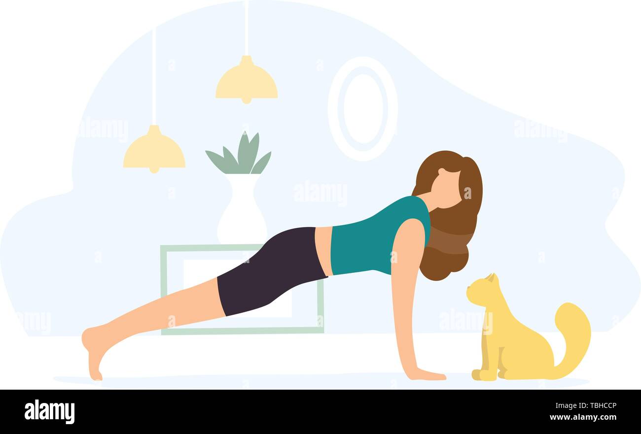La postura de la tabla. Mujer haciendo Yoga con cat Imagen Vector de stock  - Alamy